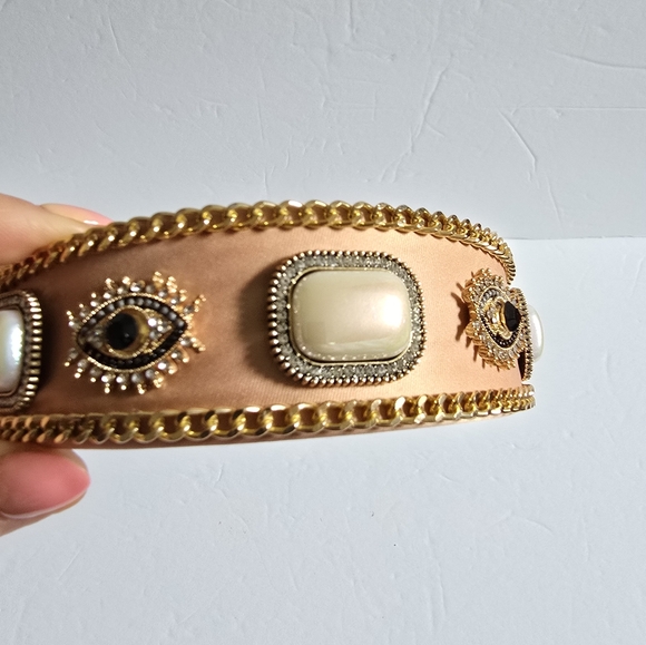 Embellished Tan Headband with Pearl And Gold Accents - Picture 5 of 7